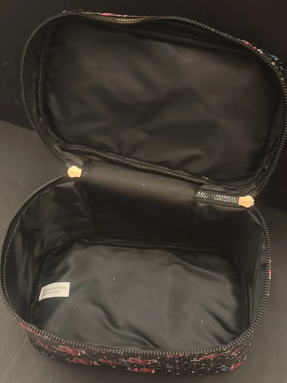Black Cosmetic Pouch with Red Heart Print - Travel Makeup Case